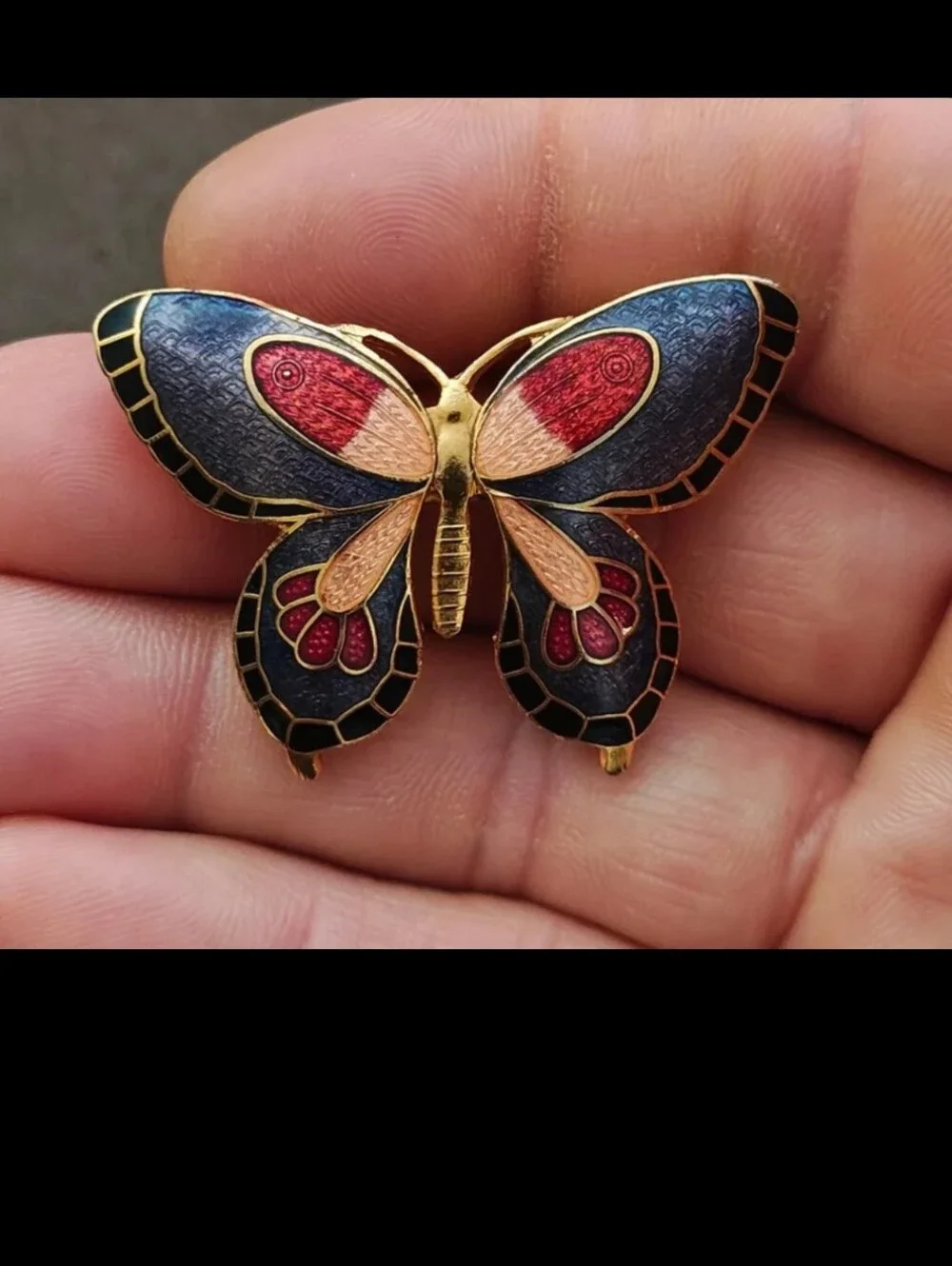 1980s Cloisonné Enamel Butterfly Gold Tone Brooch
